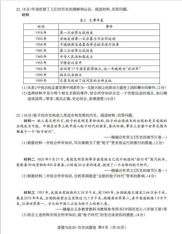 2023年南昌中考?xì)v史試卷真題及答案