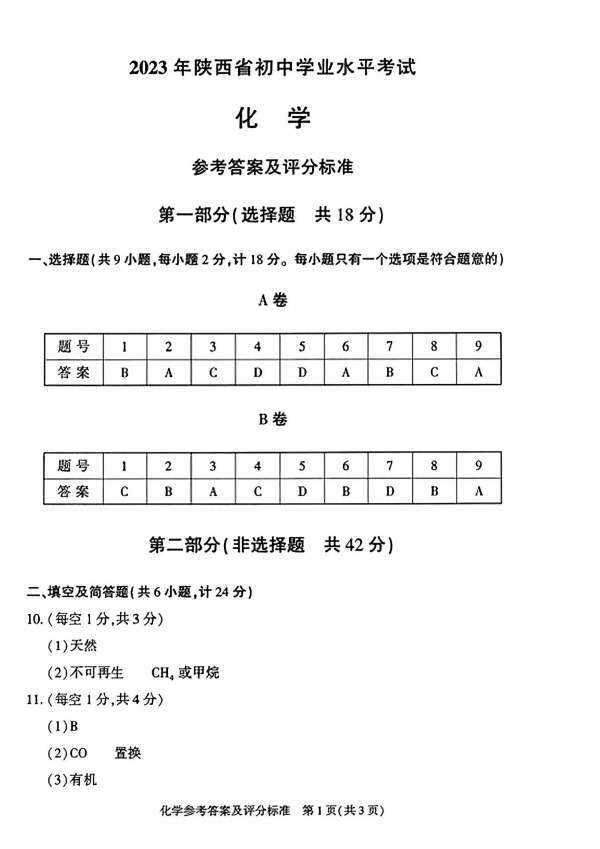 2023年陜西中考化學試卷真題及答案