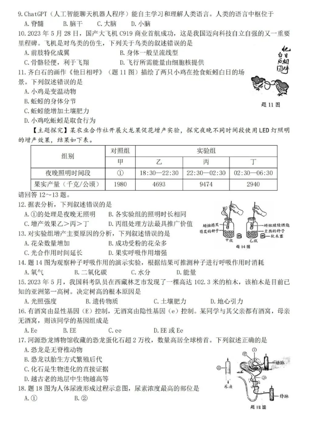 2023年廣東中考生物試卷真題及答案