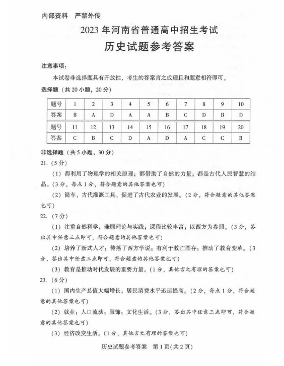 2023年河南中考?xì)v史試卷真題及答案