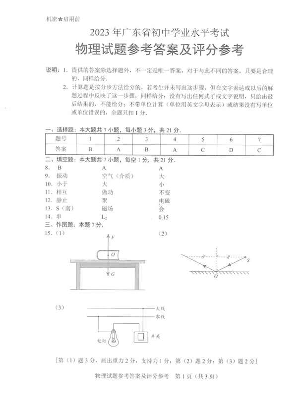 2023年廣東中考物理試卷真題及答案
