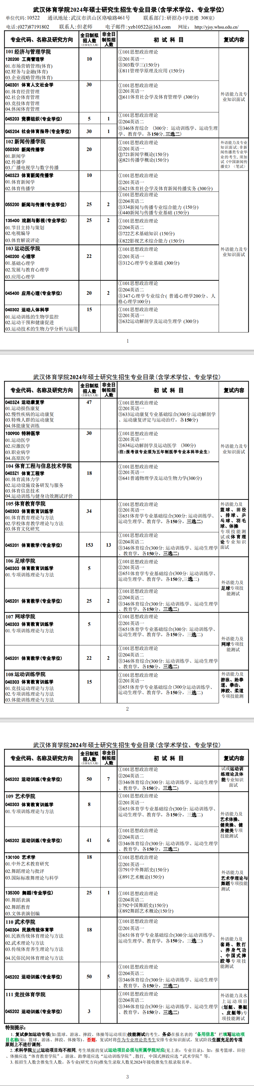 2024年武漢體育學(xué)院研究生招生簡章及各專業(yè)招生計(jì)劃人數(shù)