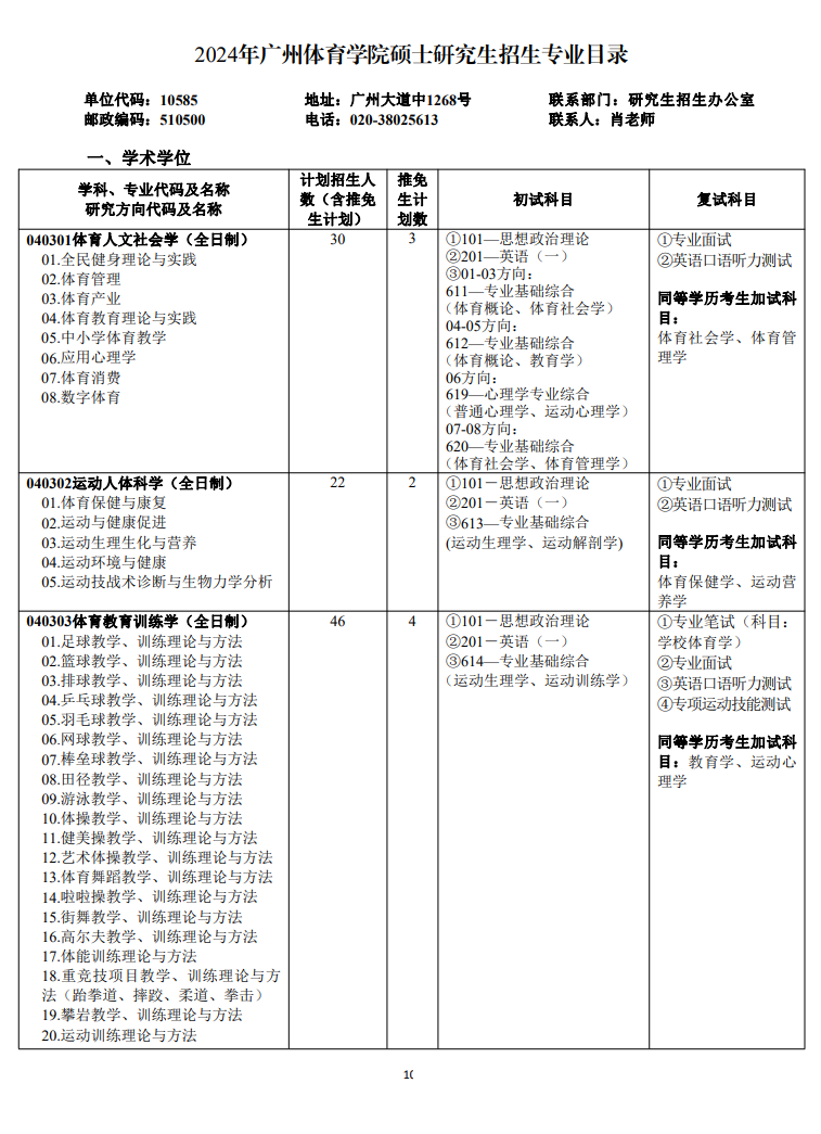廣州體育學院2024碩士研究生招生專業(yè)目錄及考試科目