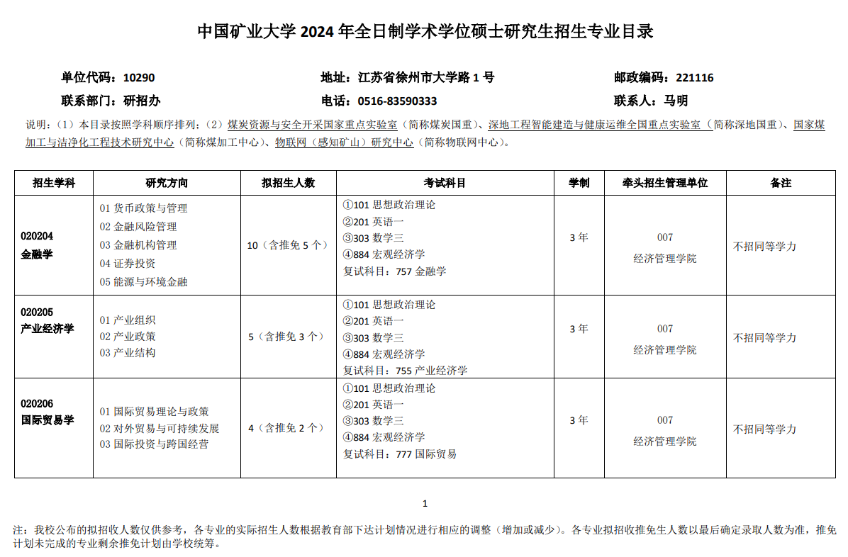 中國礦業(yè)大學(xué)2024碩士研究生招生專業(yè)目錄及考試科目