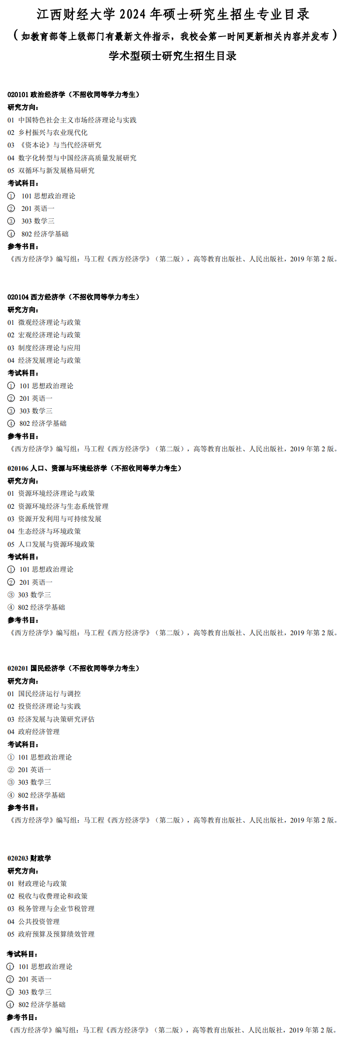 江西財(cái)經(jīng)大學(xué)2024碩士研究生招生專業(yè)目錄及考試科目