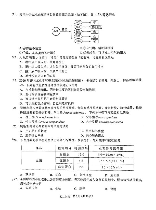 2024年無(wú)錫中考生物試卷真題及答案解析