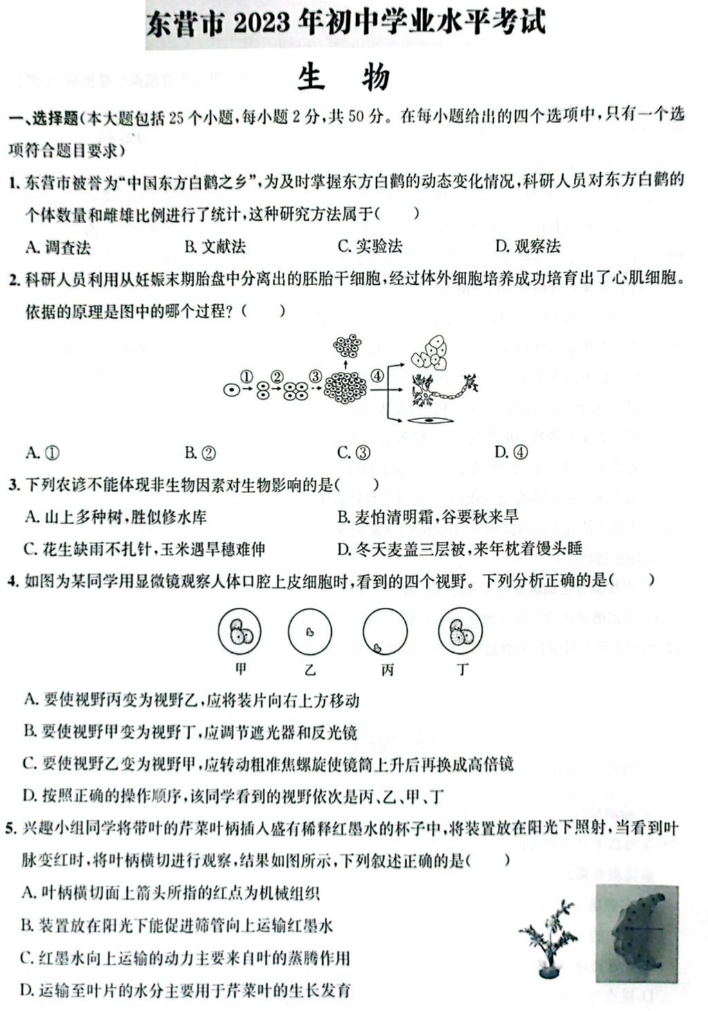 2024年?yáng)|營(yíng)中考生物試卷真題及答案解析