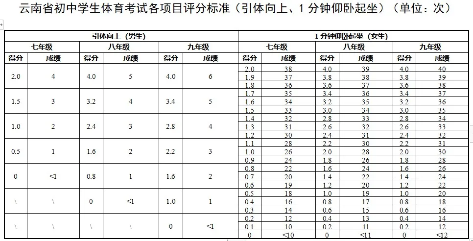 2025年云南省中考體育考試項(xiàng)目及評分標(biāo)準(zhǔn)(最新)