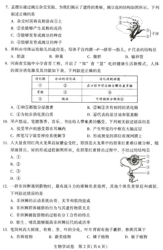 2025年駐馬店中考生物試卷真題及答案解析(考后更新)